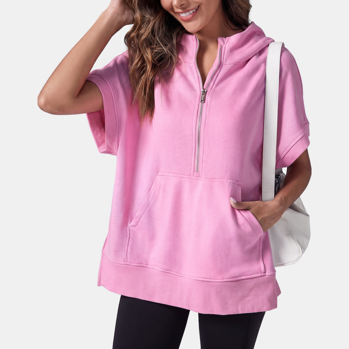 Women's Oversized Half Zip Short Sleeve Hoodie Sweatshirt with Pockets