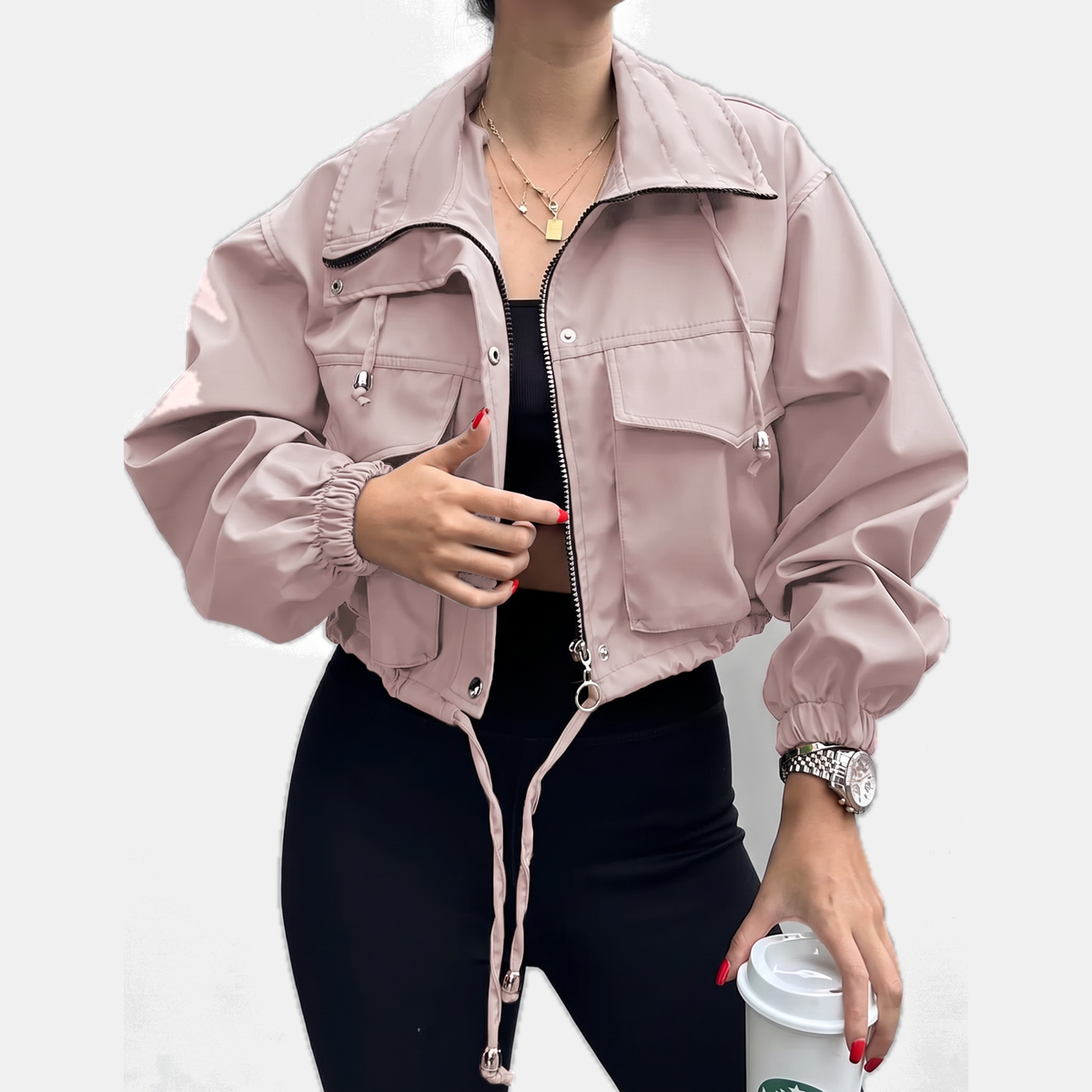 Women's Cropped Utility Zip Up Jacket with Snap Button Pockets