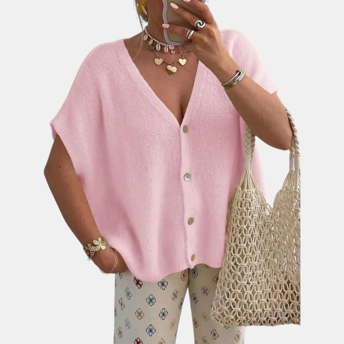 Women's Short Sleeve Button Front Oversized Knit Cardigan