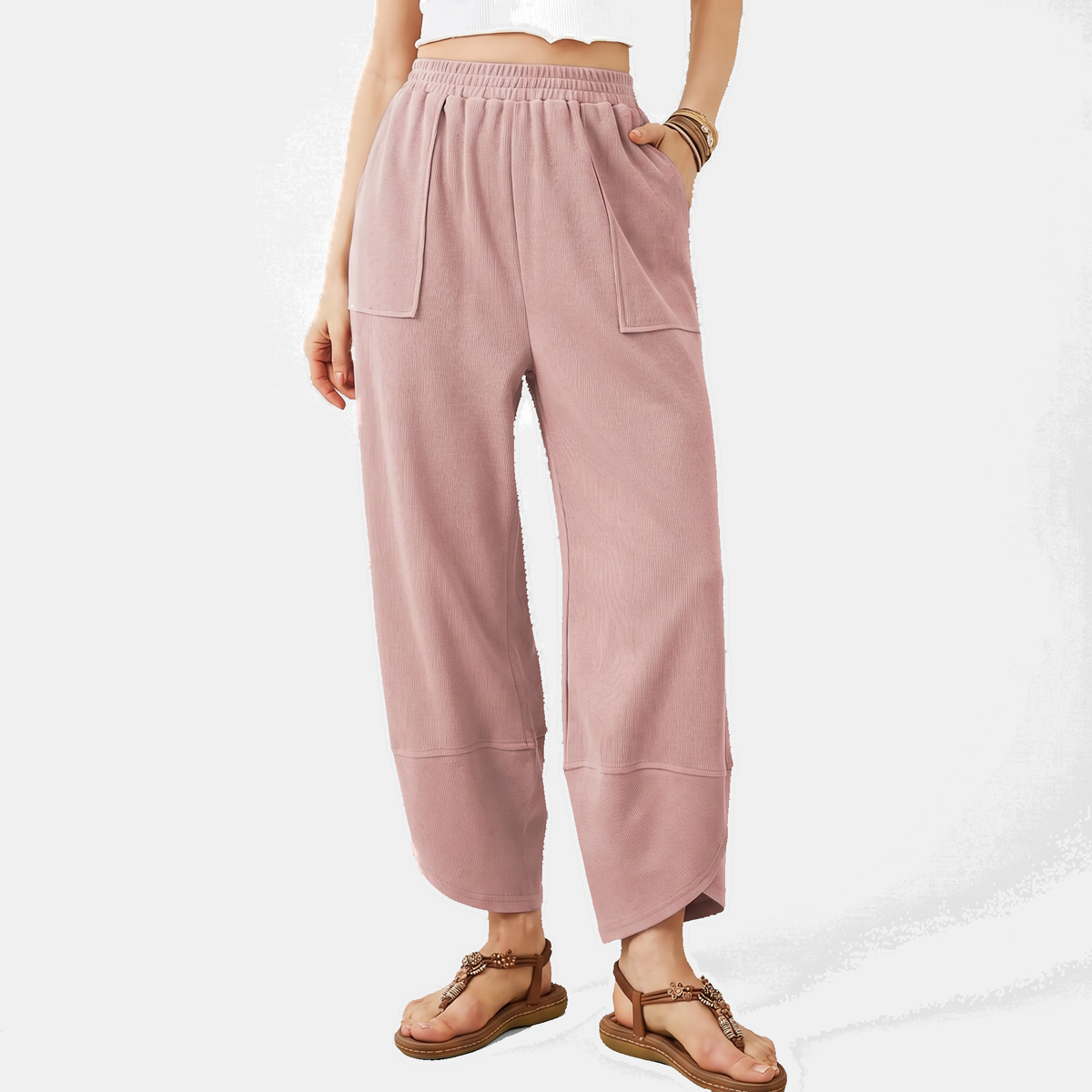 Women's Wide Leg Ribbed Knit Pants with Patch Pockets High Waist