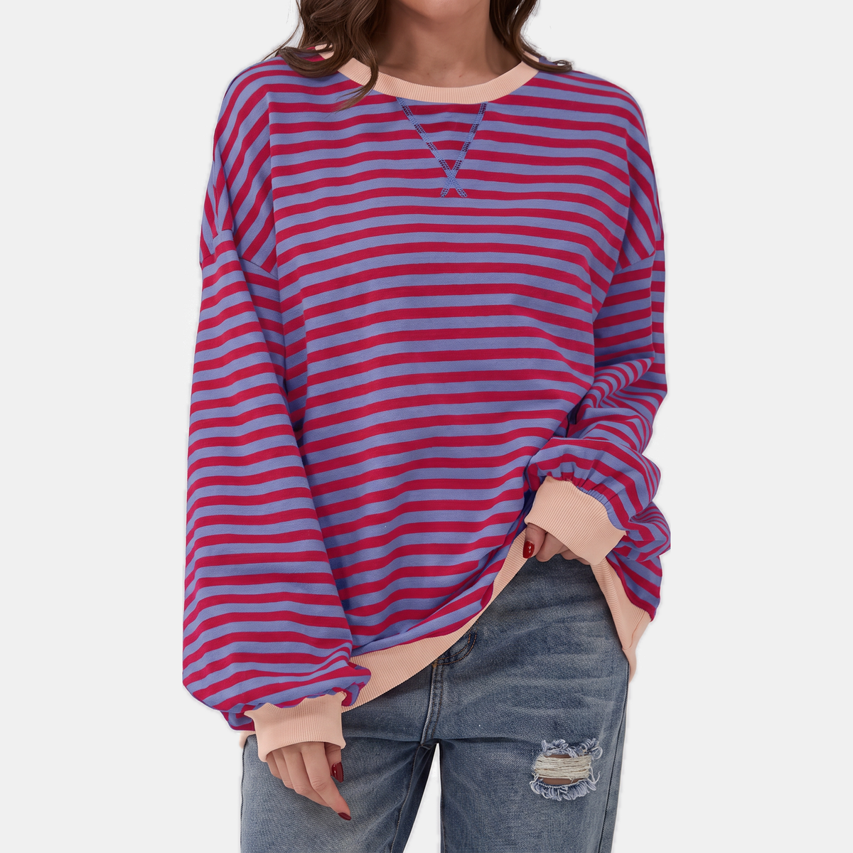 Women's Oversized Crewneck Striped Sweatshirt with Contrast Trim