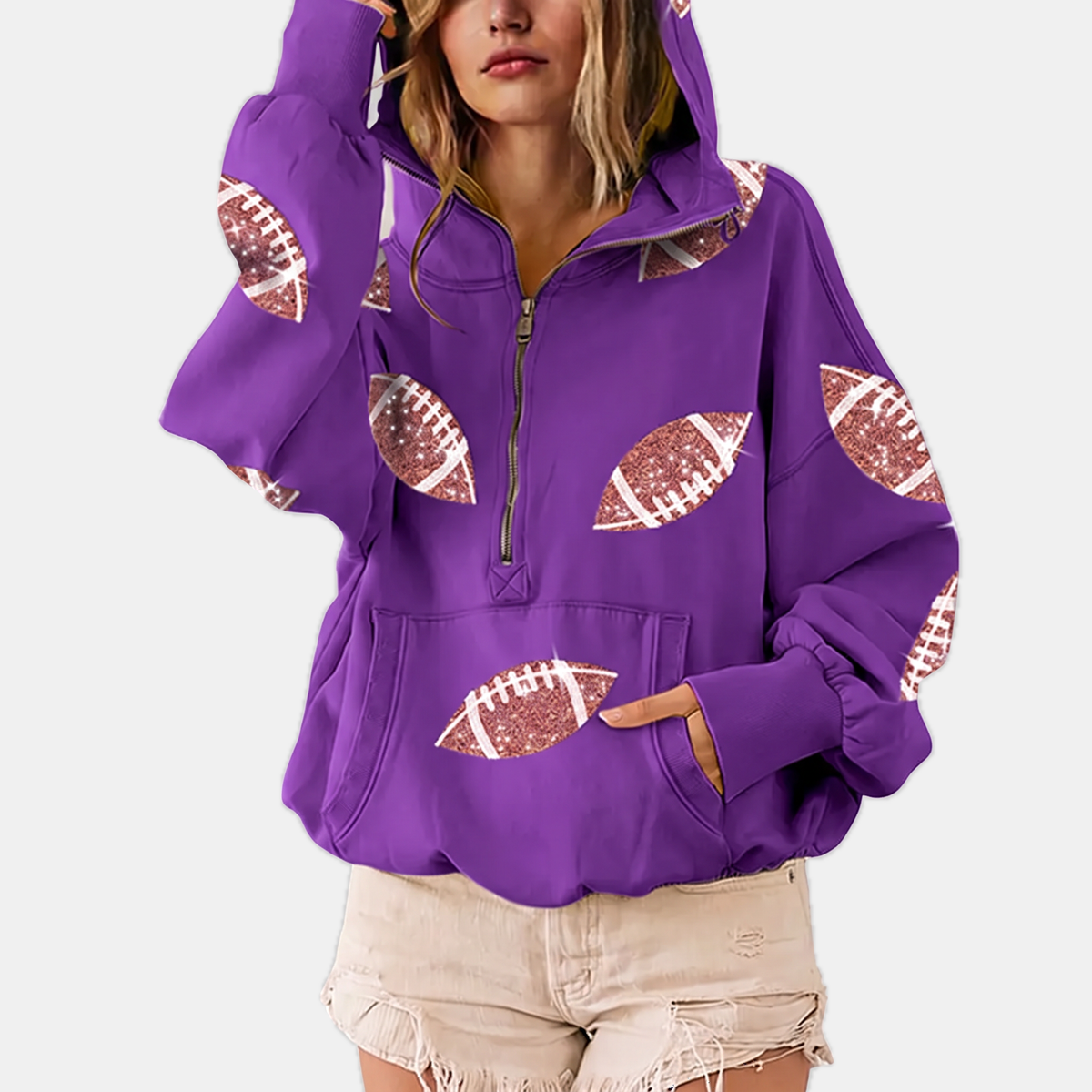 Women's Oversized Hoodie Half Zip Pullover with Sequin Football Print