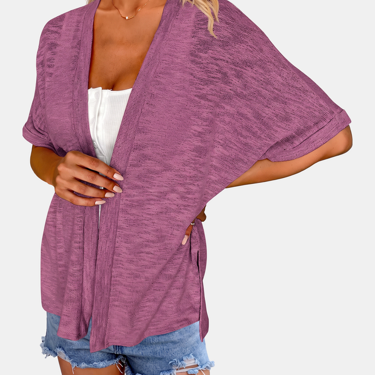 Women's Short Sleeve Open Front Cardigan Textured Knit High Low Hem