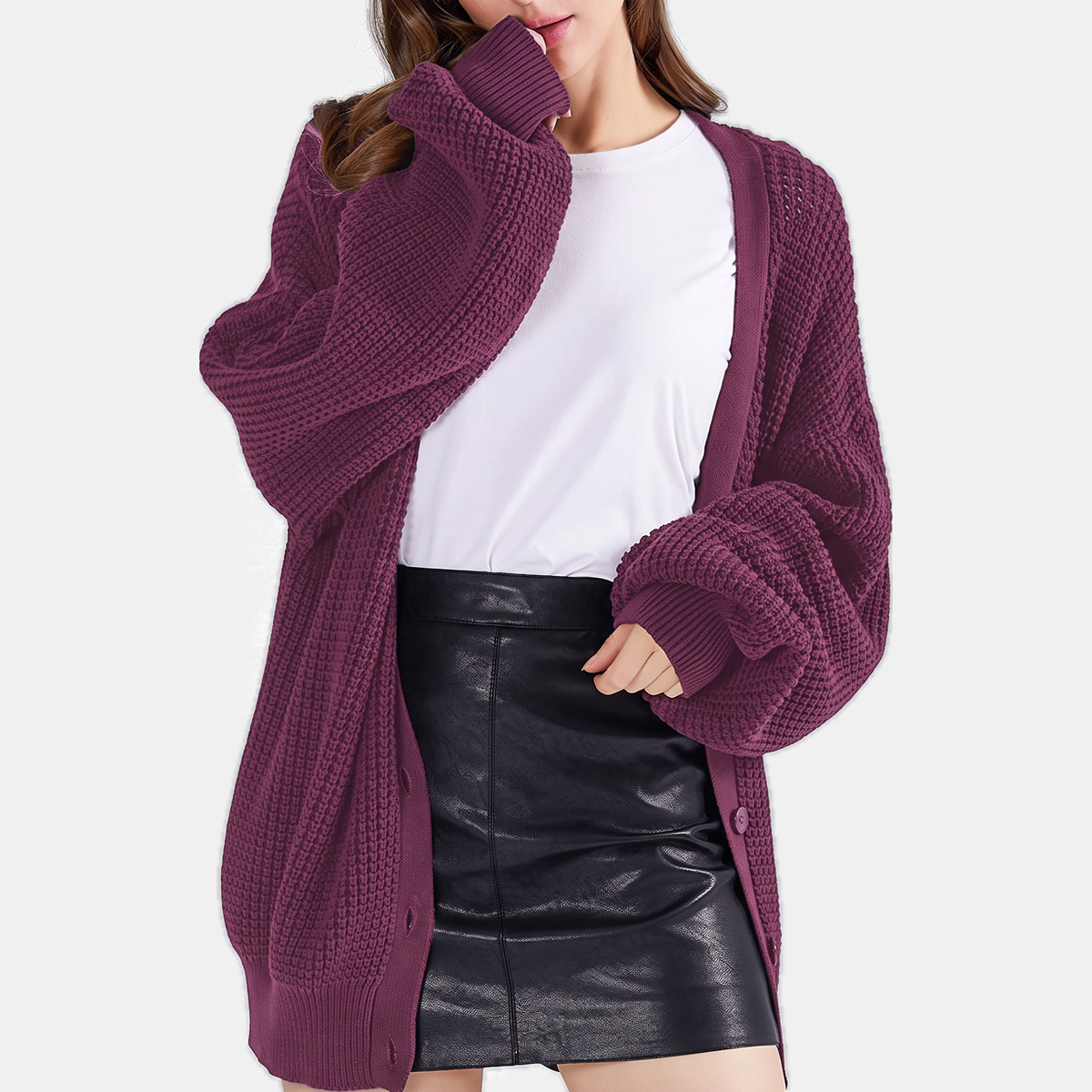 Women's Waffle Knit Cardigan Sweater with Balloon Sleeves