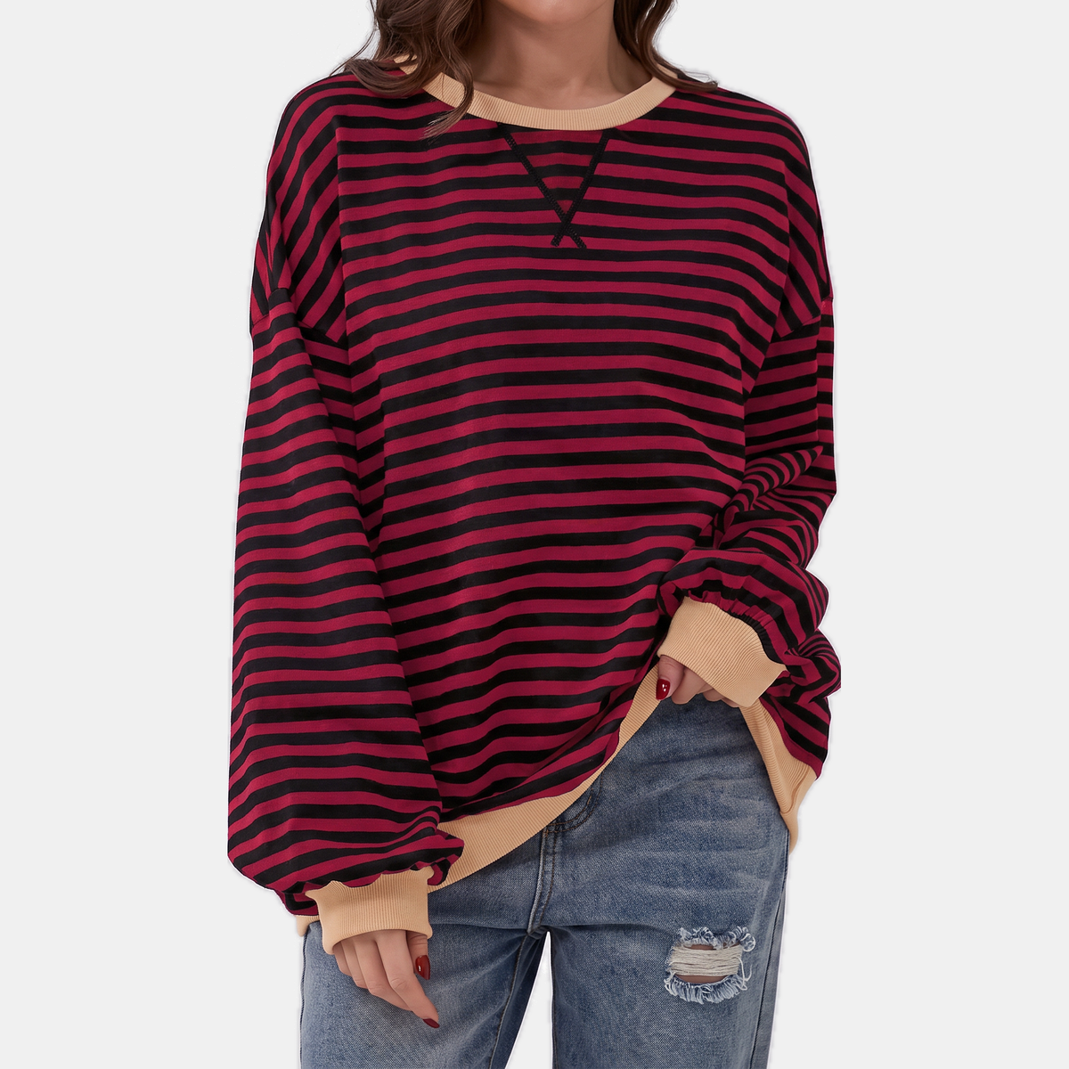 Women's Oversized Crewneck Striped Sweatshirt with Contrast Trim