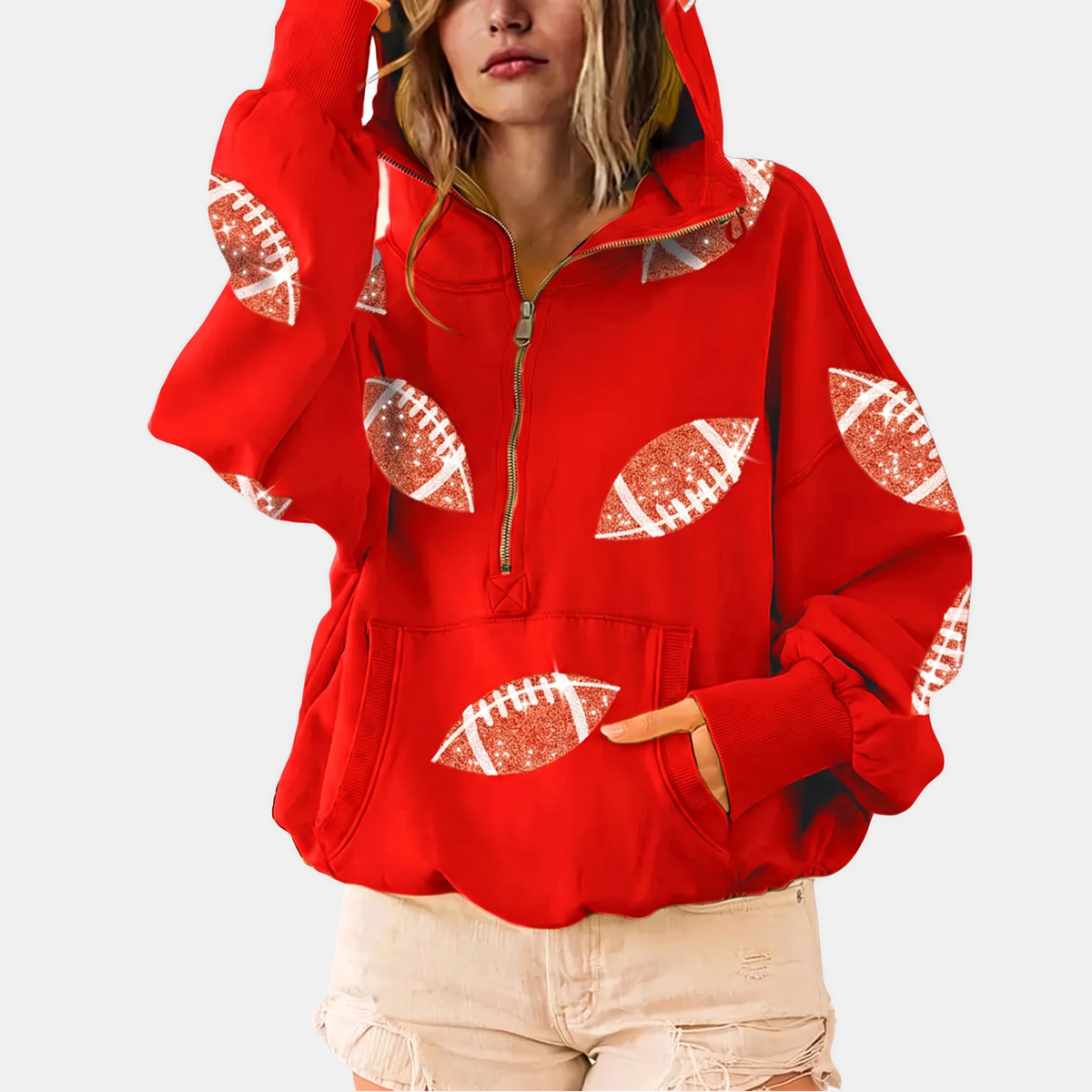 Women's Oversized Hoodie Half Zip Pullover with Sequin Football Print