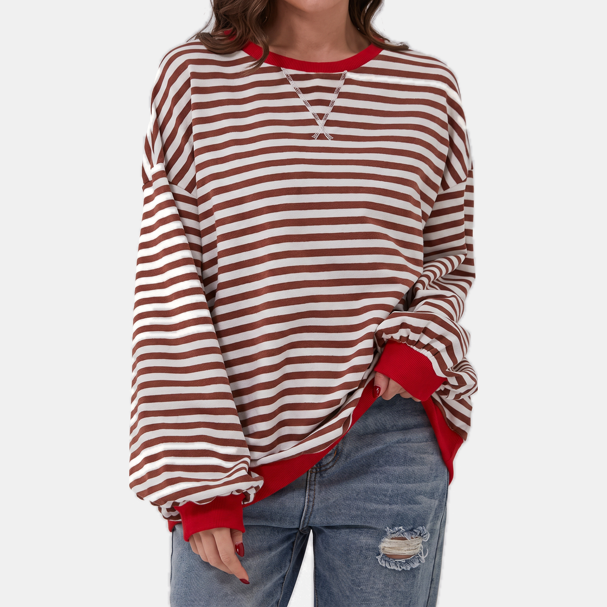Women's Oversized Crewneck Striped Sweatshirt with Contrast Trim