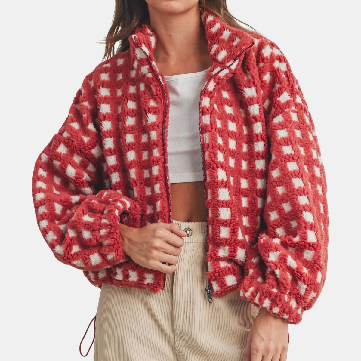 Women's Sherpa Fleece Zip Up Oversized Jacket with Checkerboard Texture