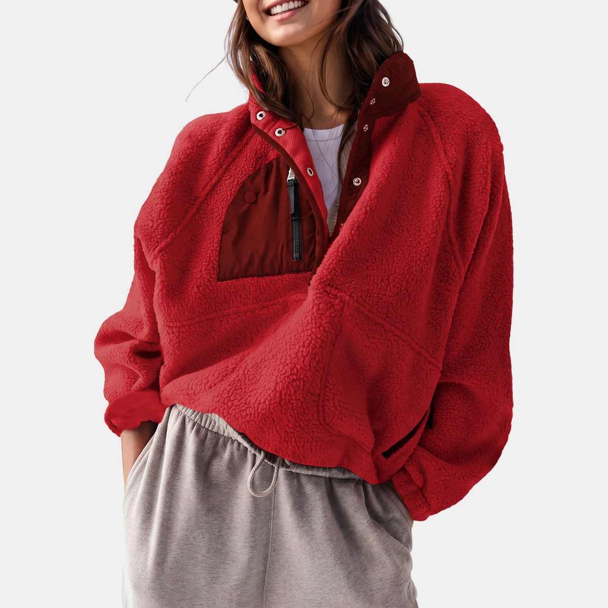 Women's Colorblock Sherpa Fleece Cropped Pullover Jacket