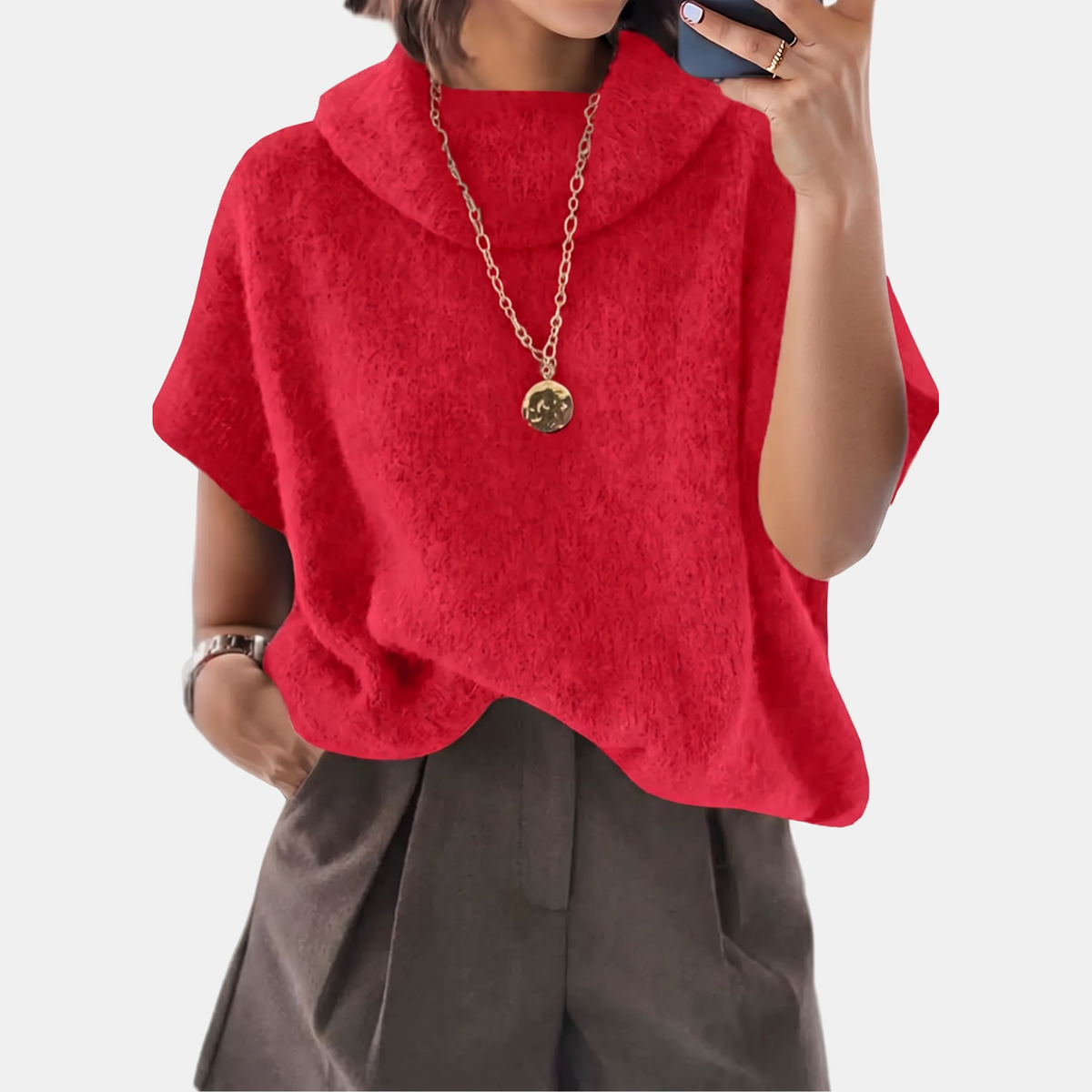 Women's Turtleneck Oversized Batwing Short Sleeve Knit Sweater