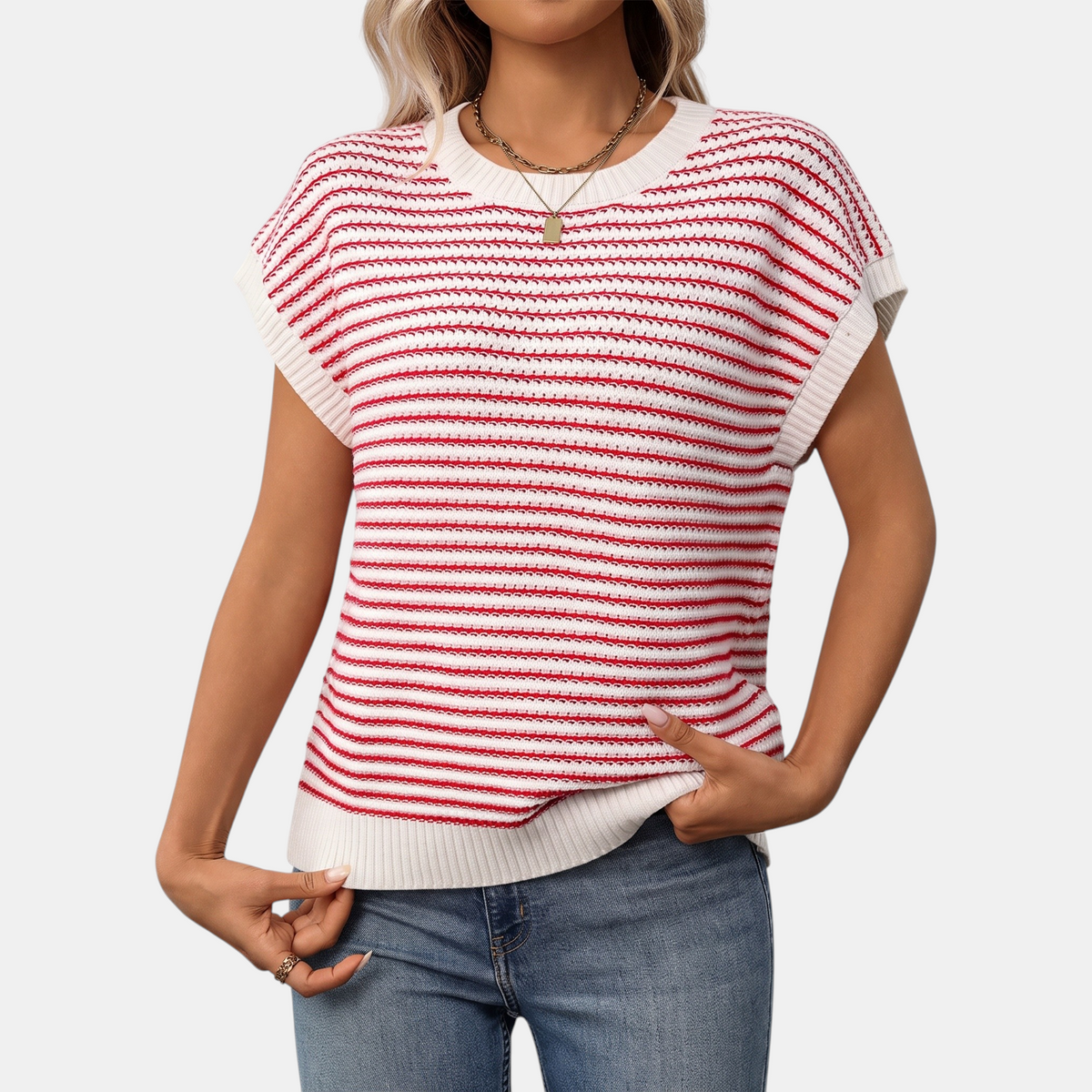 Women's Oversized Striped Knit Cap Sleeve Sweater Top