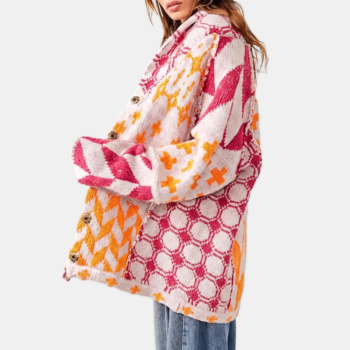 Women's Abstract Print Cardigan Sweater Oversized Open Front Knit