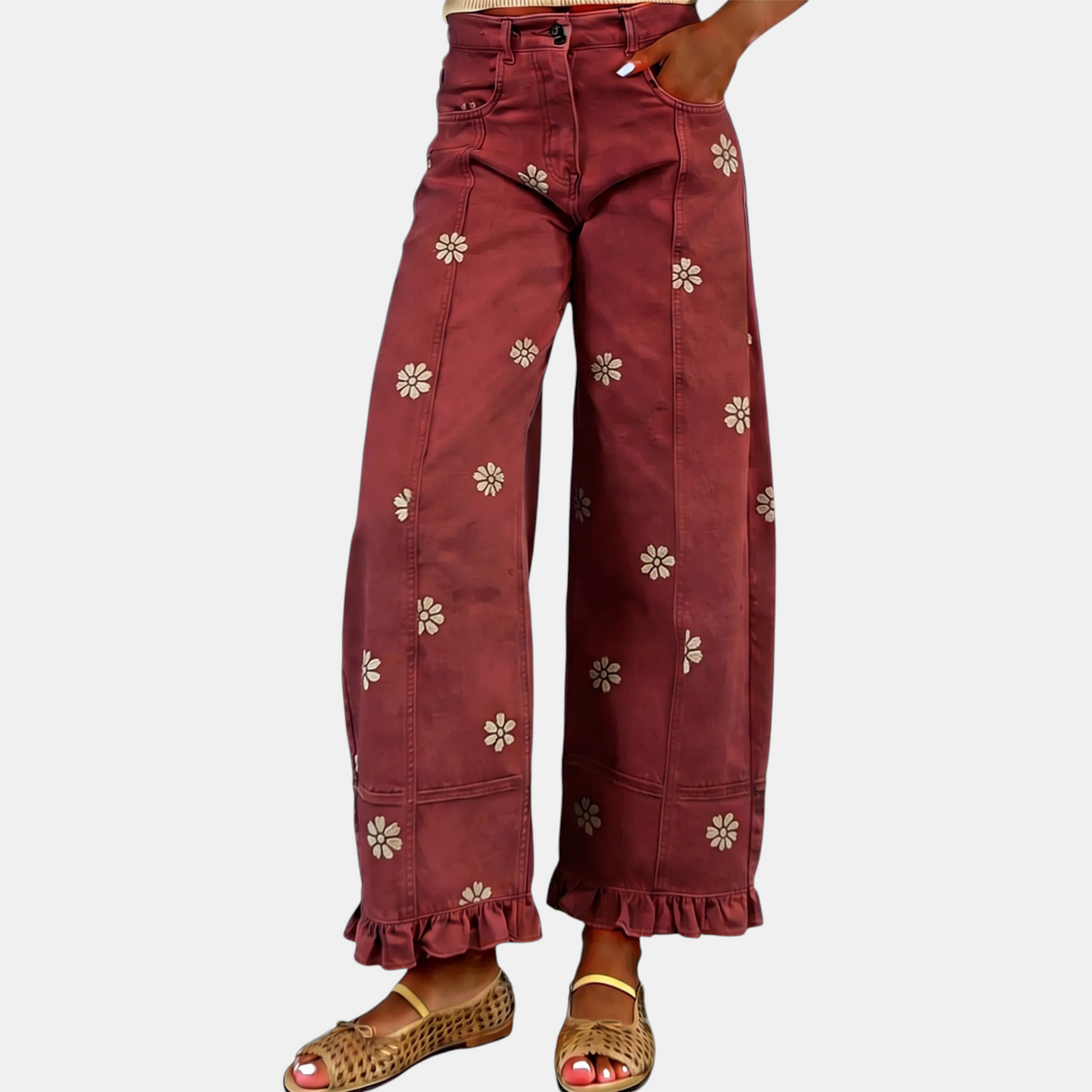 Women's Baggy Jeans Wide Leg Floral Ruffle Hem Denim Pants