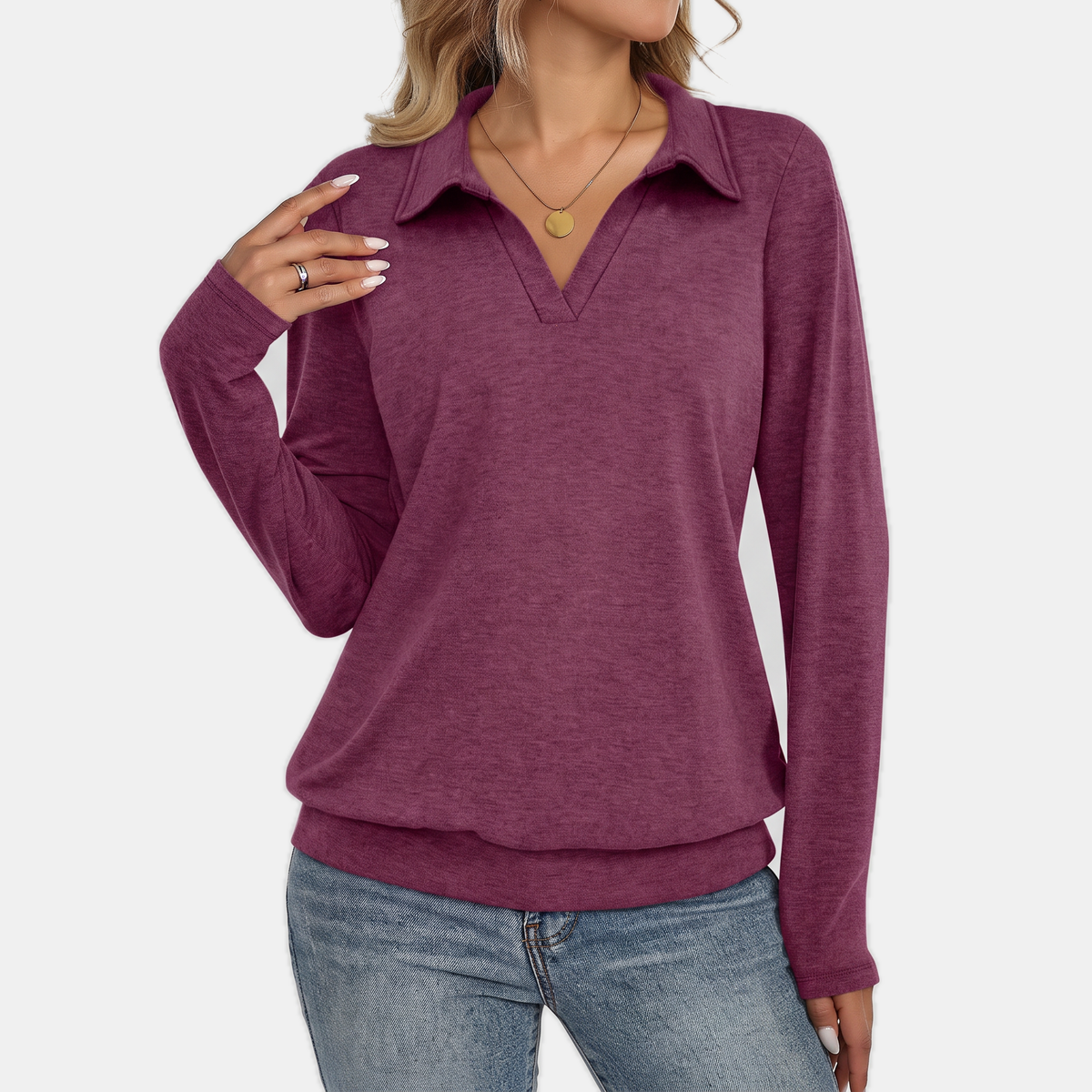 Women's Relaxed Polo Collar V-Neck Pullover Sweatshirt