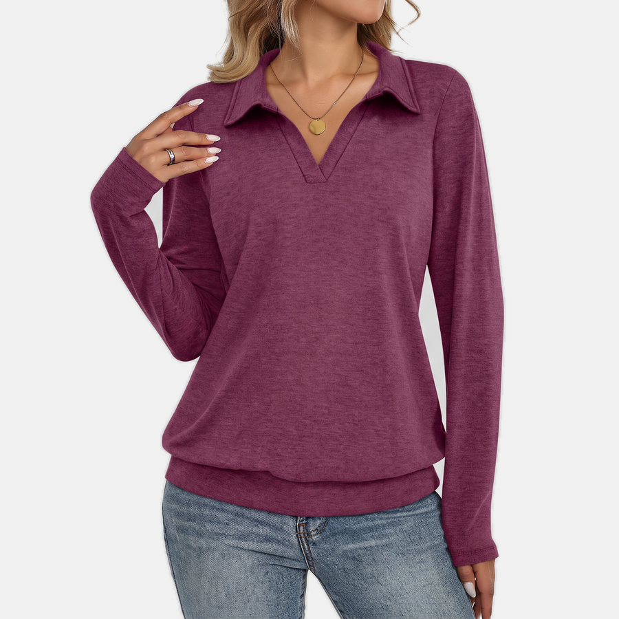 Women's Relaxed Polo Collar V-Neck Pullover Sweatshirt