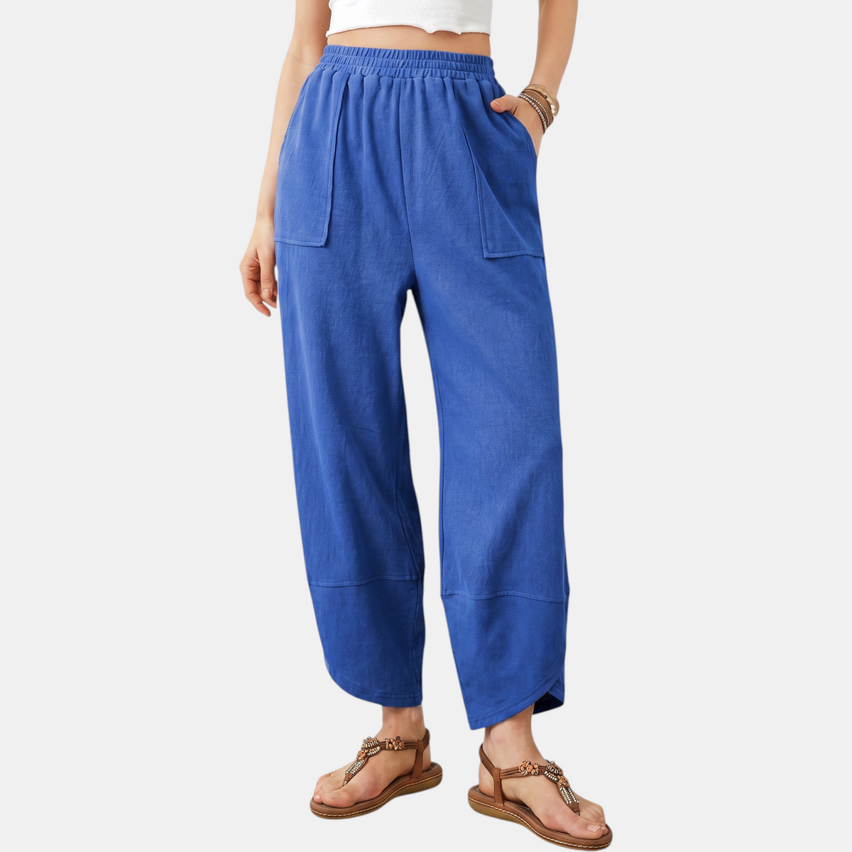 Women's Wide Leg Ribbed Knit Pants with Patch Pockets High Waist