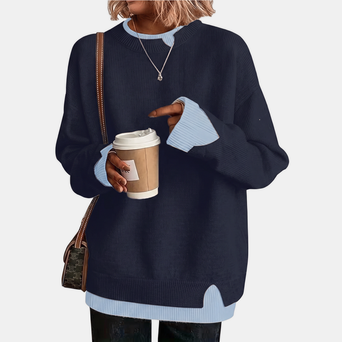 Women's Faux Layered Oversized Sweater with Ribbed Contrast Cuffs and Hem
