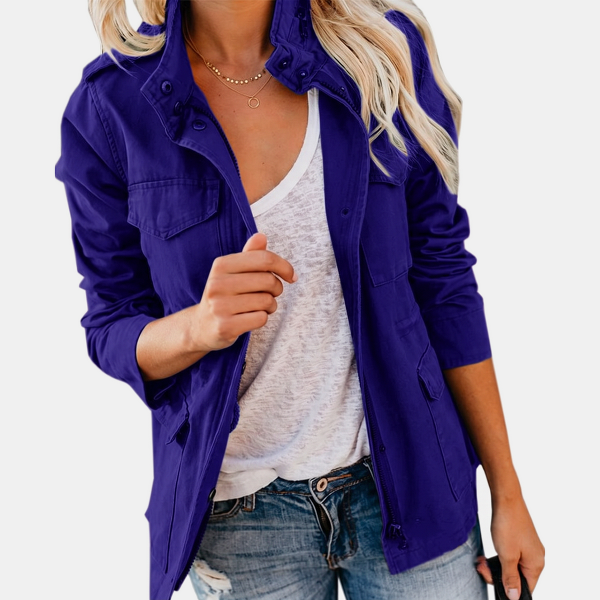Women's Utility Field Jacket Zip Up Multi Pocket Snap Button Anorak