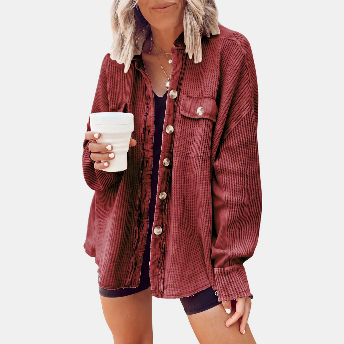 Women's Waffle Knit Raw Hem Button Down Shacket