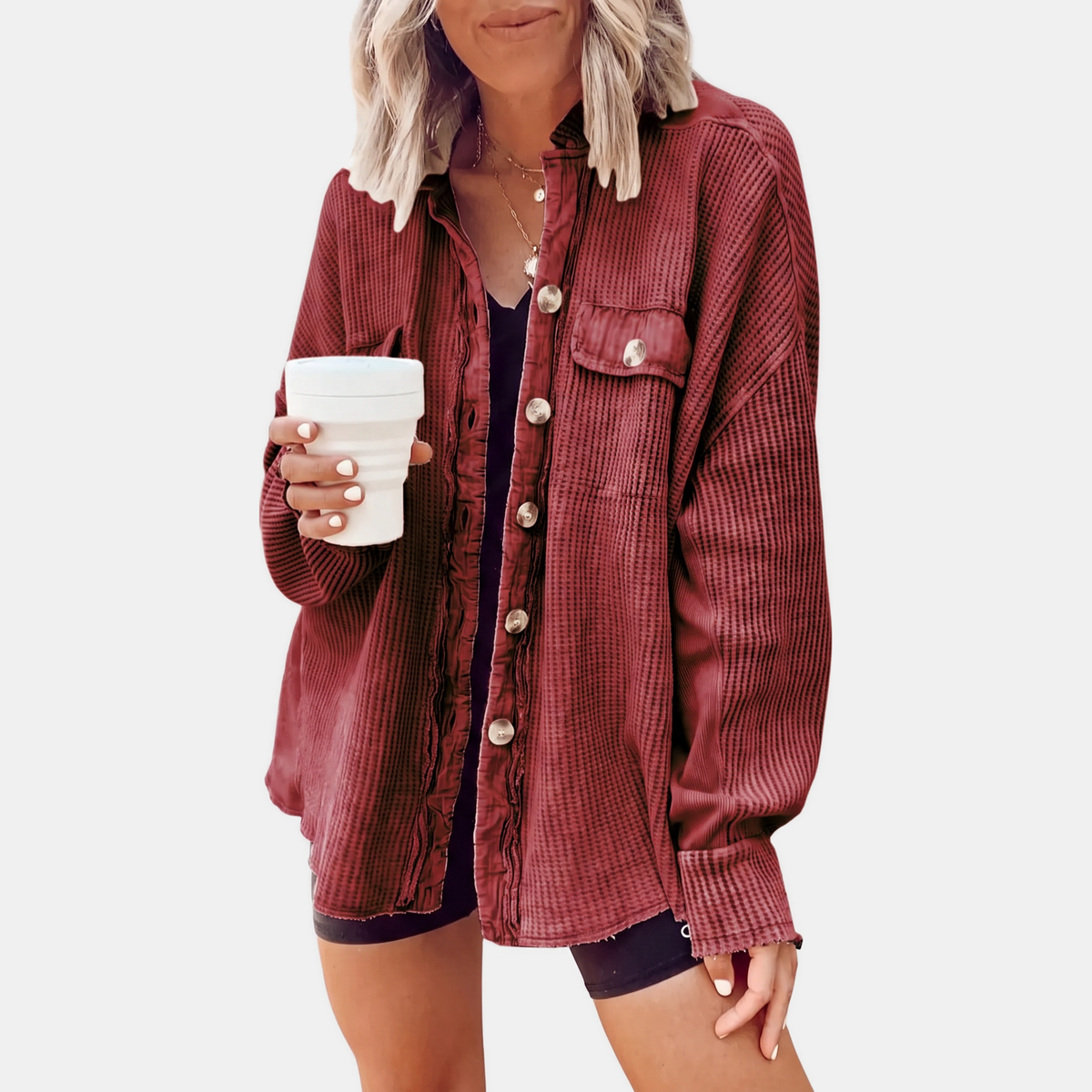 Women's Waffle Knit Raw Hem Button Down Shacket