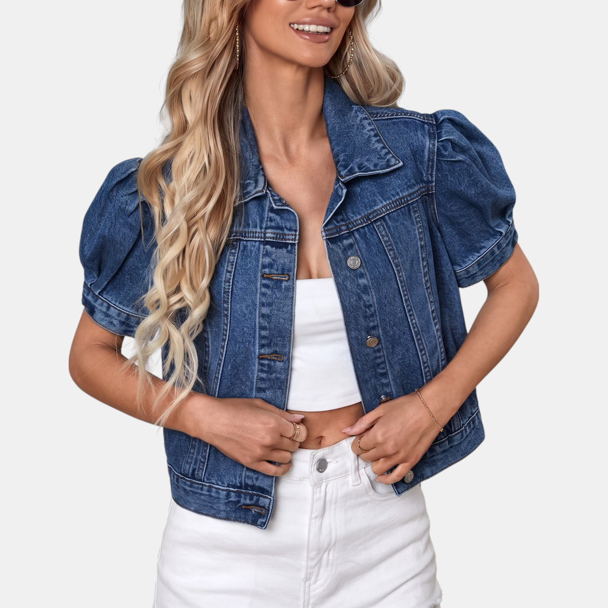 Women's Puff Sleeve Cropped Denim Jacket Button Front