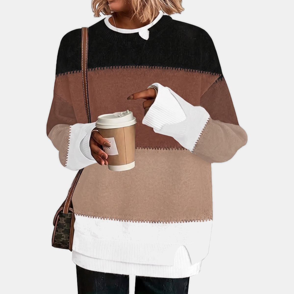 Women's Faux Layered Oversized Sweater with Ribbed Contrast Cuffs and Hem