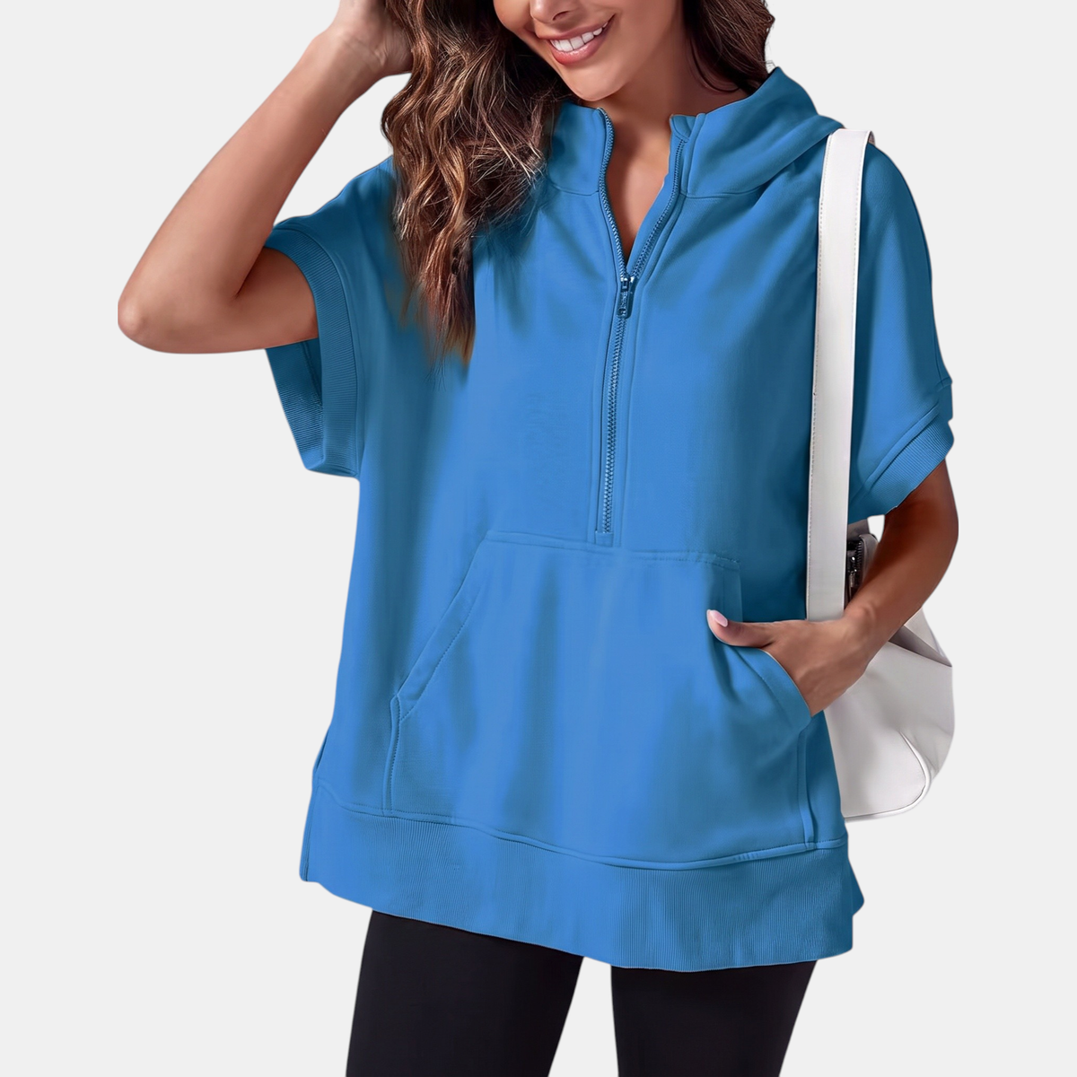 Women's Oversized Half Zip Short Sleeve Hoodie Sweatshirt with Pockets