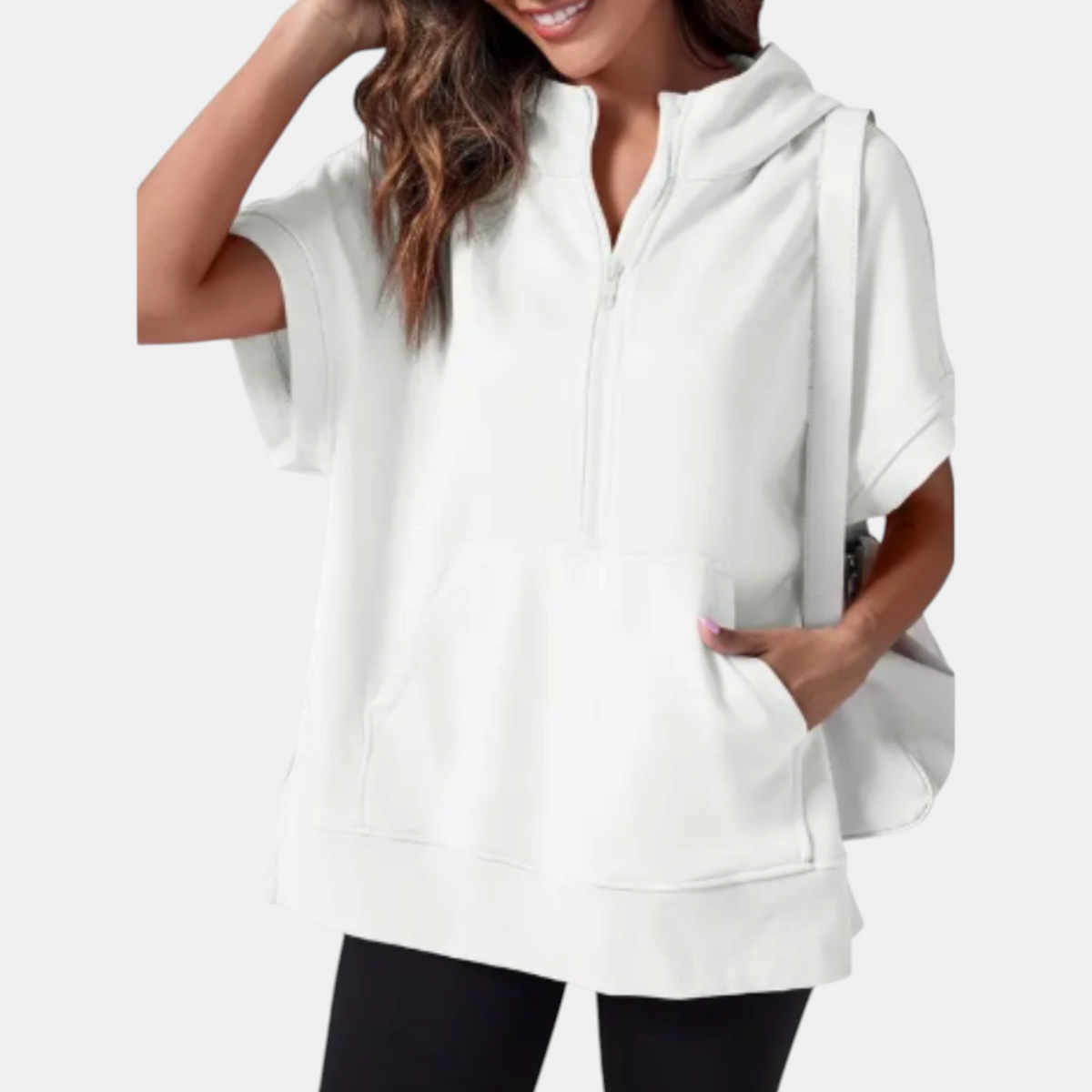 Women's Oversized Half Zip Short Sleeve Hoodie Sweatshirt with Pockets