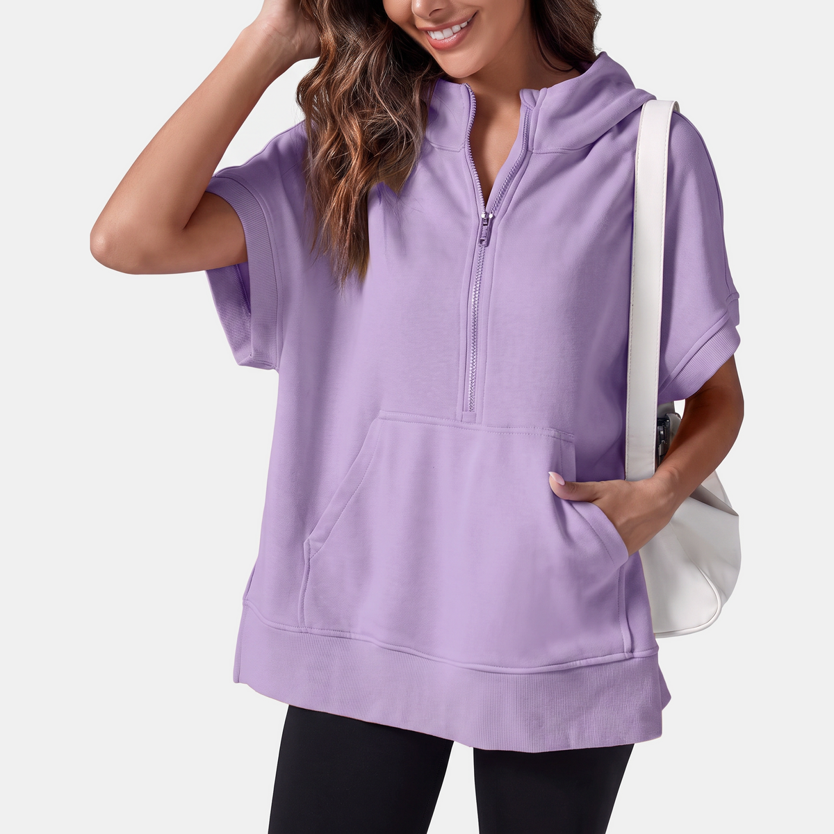 Women's Oversized Half Zip Short Sleeve Hoodie Sweatshirt with Pockets