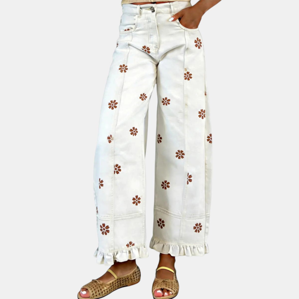 Women's Baggy Jeans Wide Leg Floral Ruffle Hem Denim Pants