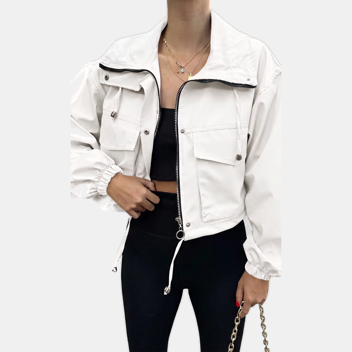 Women's Cropped Utility Zip Up Jacket with Snap Button Pockets
