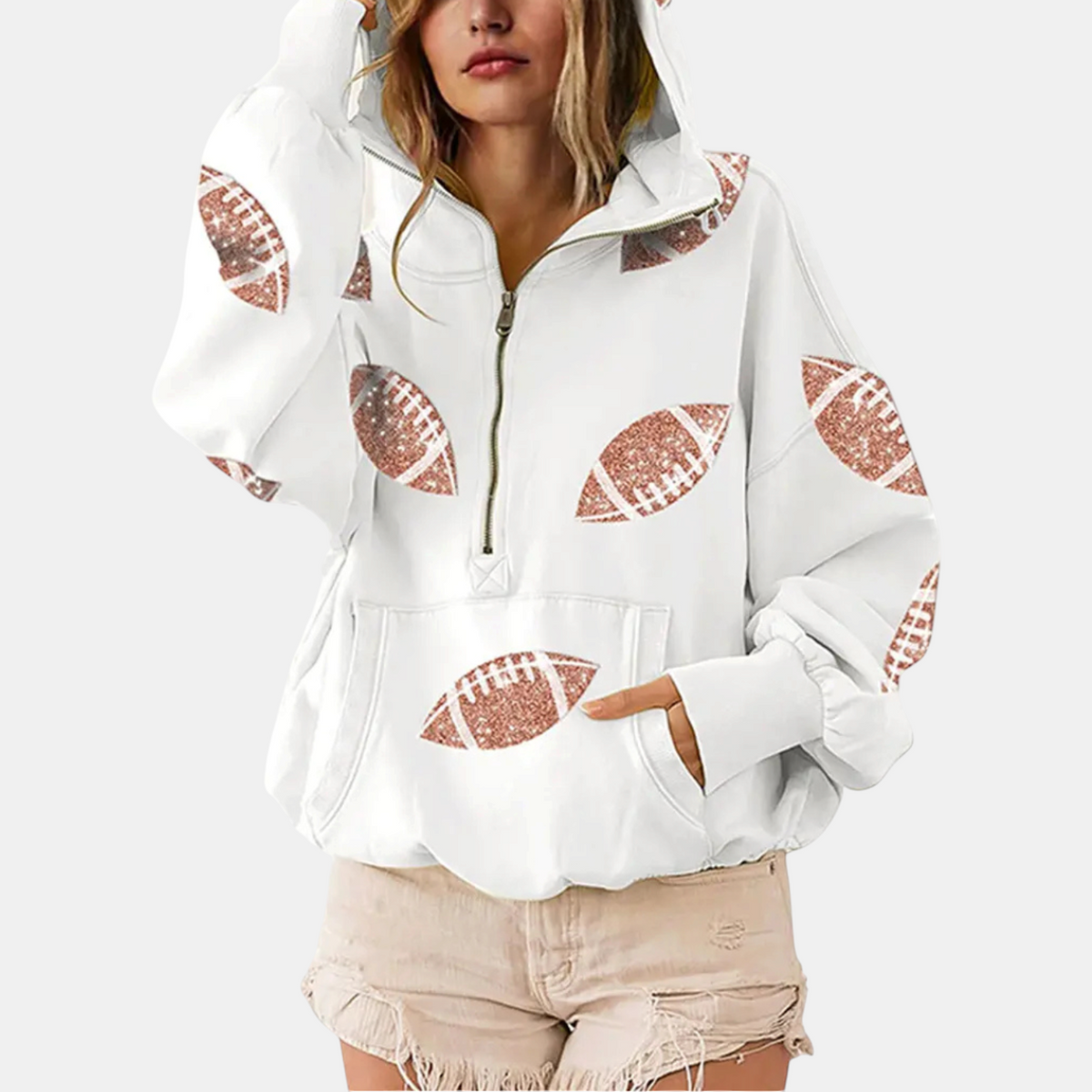 Women's Oversized Hoodie Half Zip Pullover with Sequin Football Print