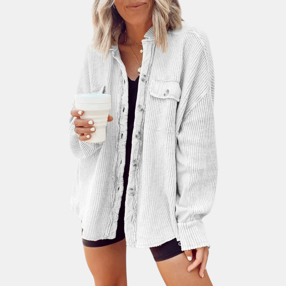 Women's Waffle Knit Raw Hem Button Down Shacket