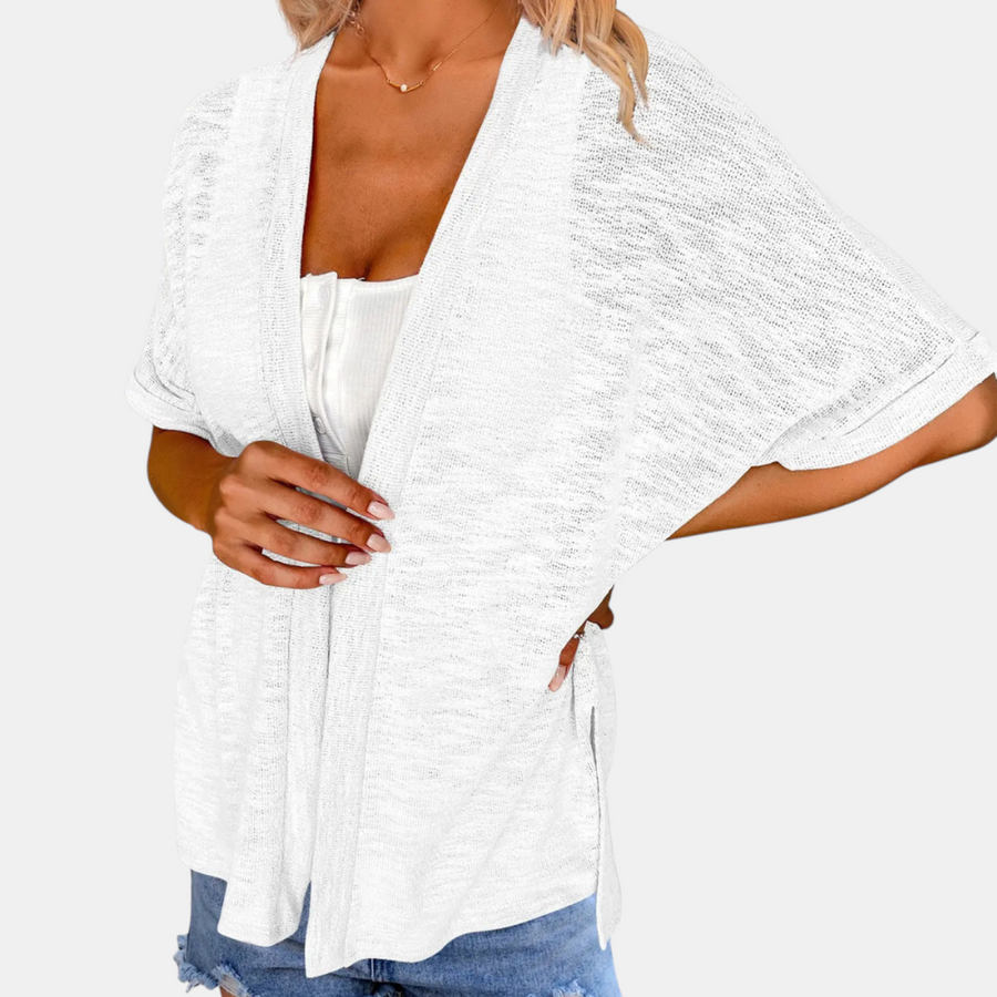 Women's Short Sleeve Open Front Cardigan Textured Knit High Low Hem