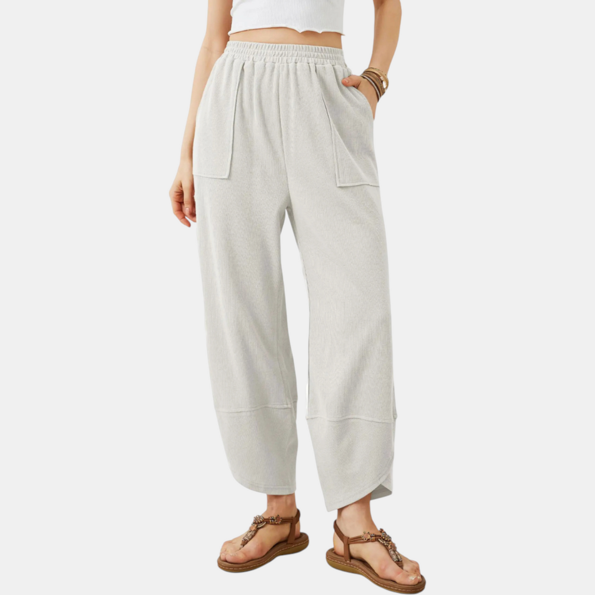 Women's Wide Leg Ribbed Knit Pants with Patch Pockets High Waist