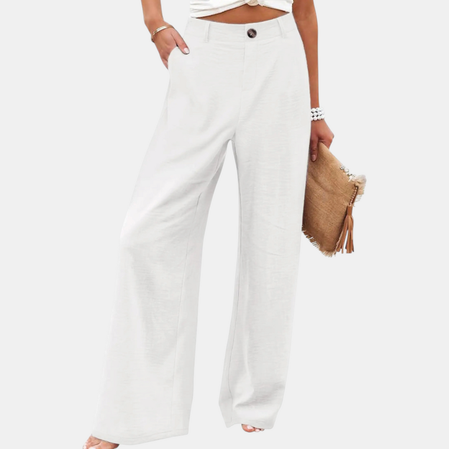 Women's Button Front Linen Pants High Waist Wide Leg Trousers