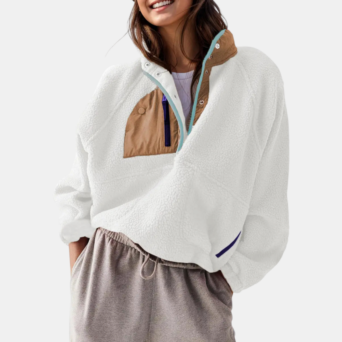 Women's Colorblock Sherpa Fleece Cropped Pullover Jacket