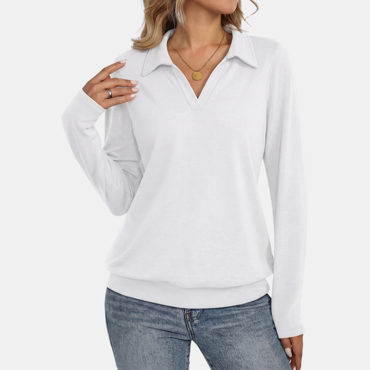 Women's Relaxed Polo Collar V-Neck Pullover Sweatshirt