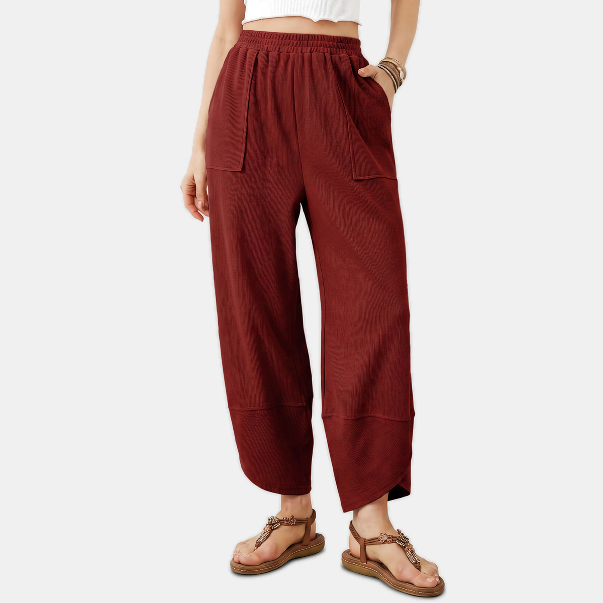 Women's Wide Leg Ribbed Knit Pants with Patch Pockets High Waist