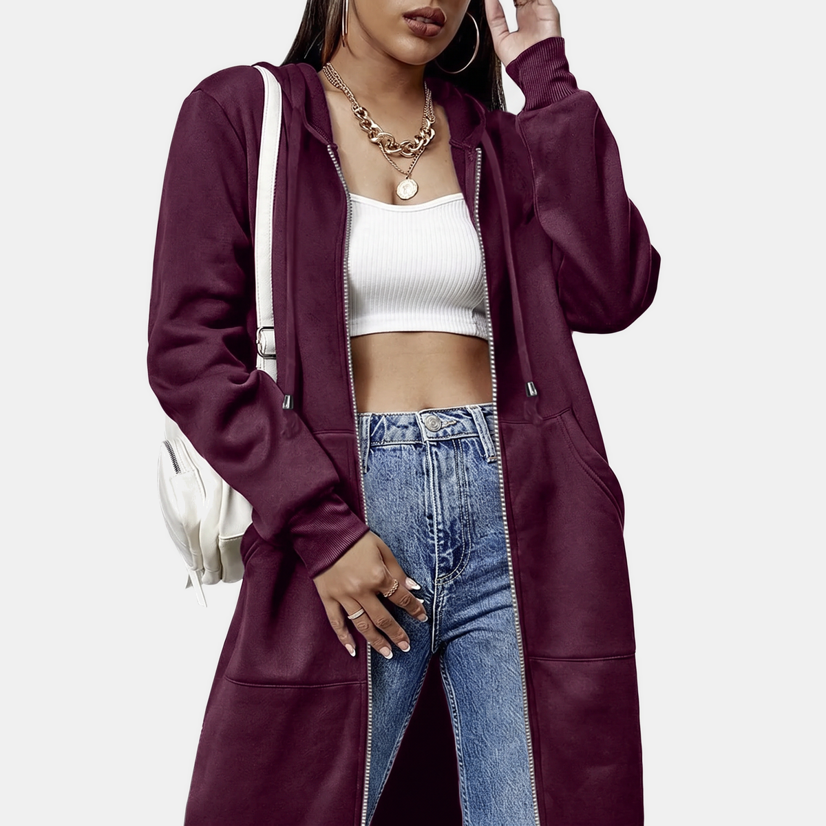 Women's Zip Up Oversized Hoodie Longline Fleece Sweatshirt