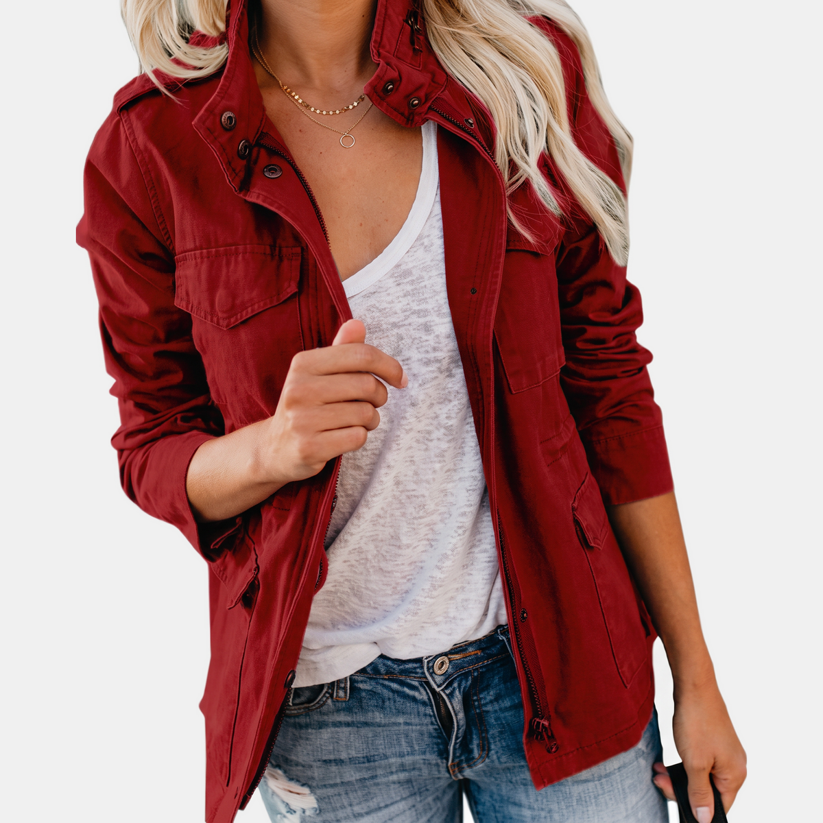 Women's Utility Field Jacket Zip Up Multi Pocket Snap Button Anorak
