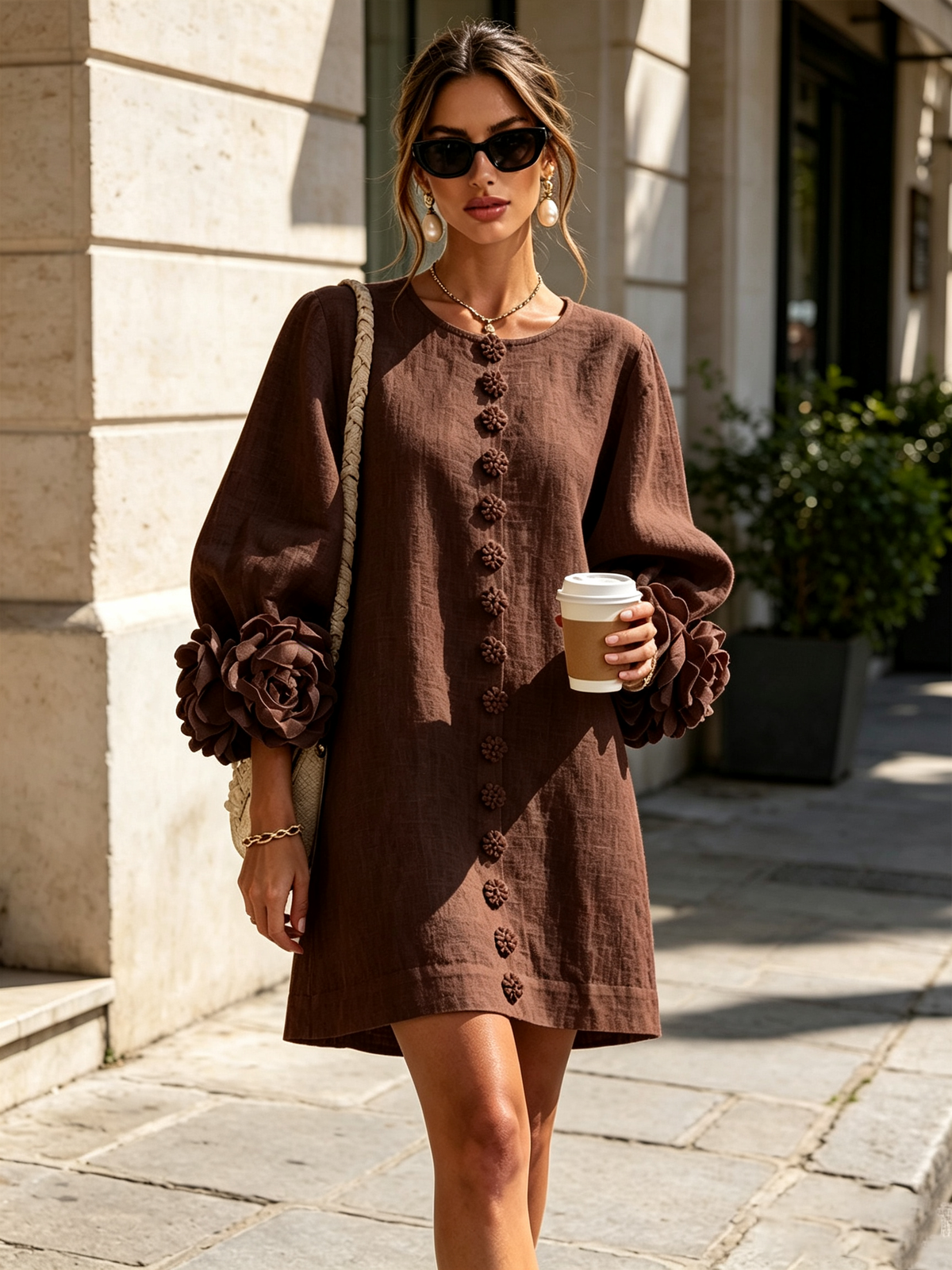 Brune | Short Linen-Blend Dress with Puff Sleeves