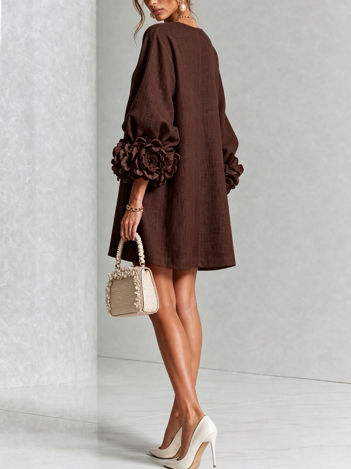 Brune | Short Linen-Blend Dress with Puff Sleeves