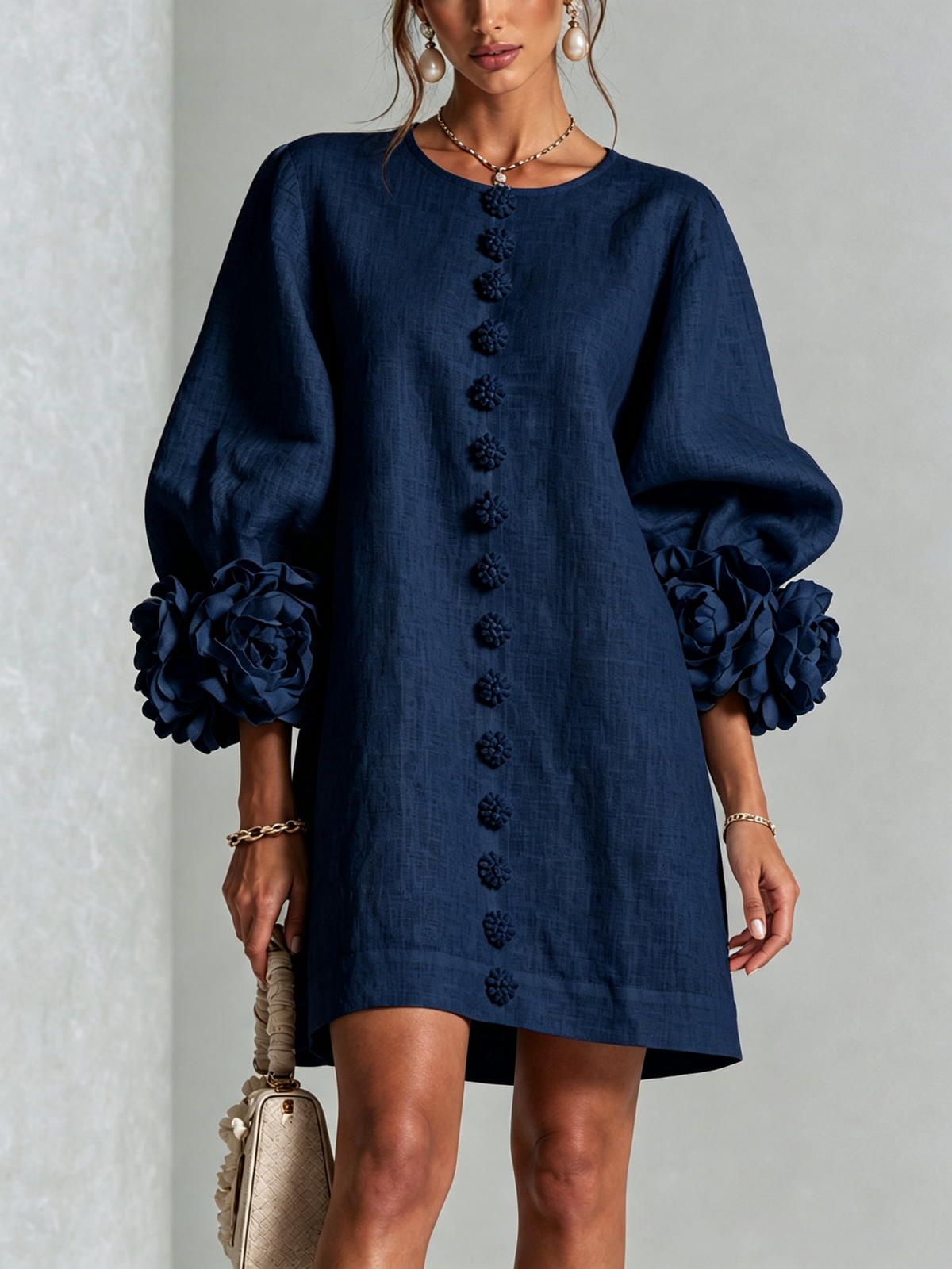 Brune | Short Linen-Blend Dress with Puff Sleeves