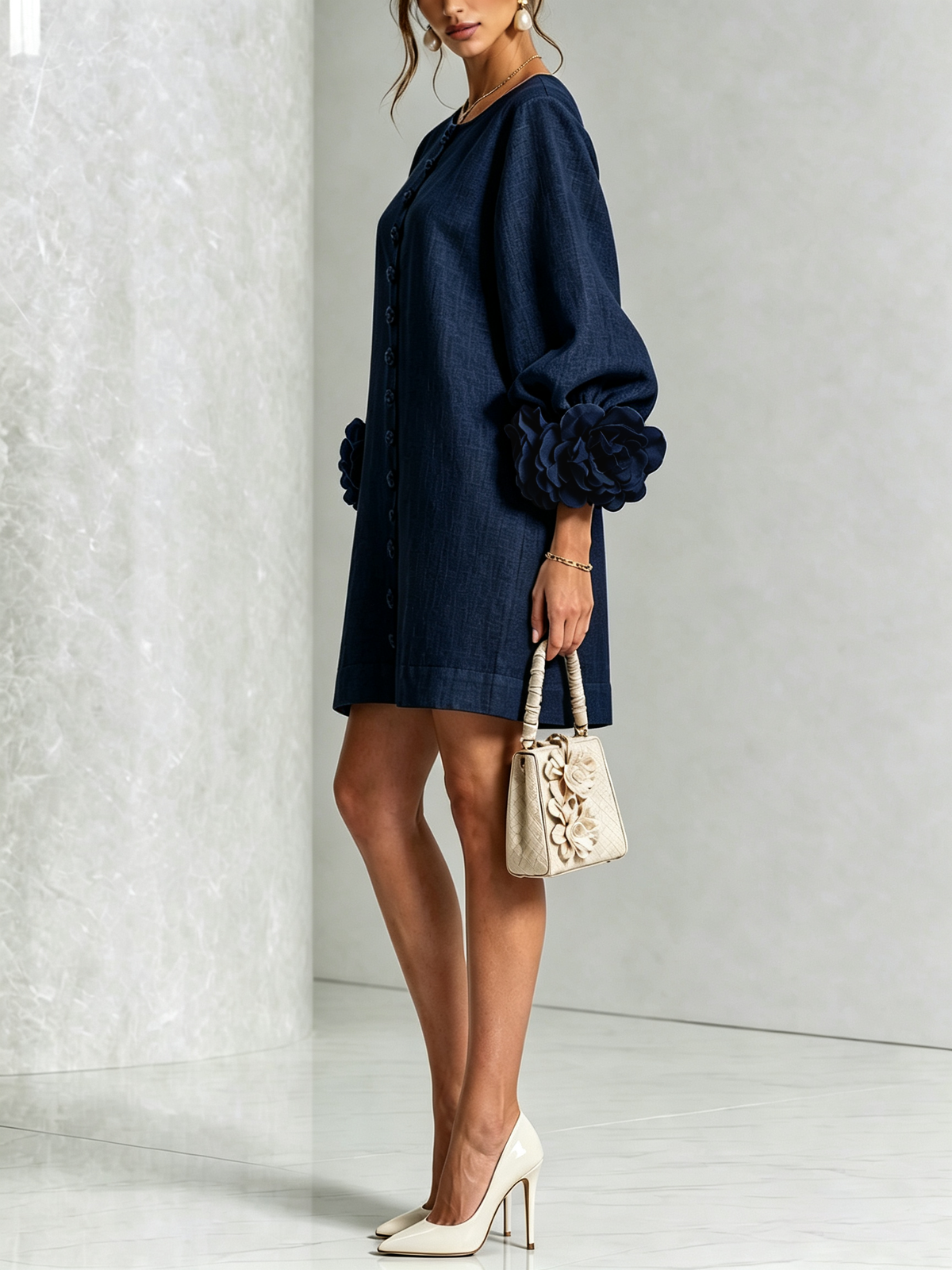 Brune | Short Linen-Blend Dress with Puff Sleeves