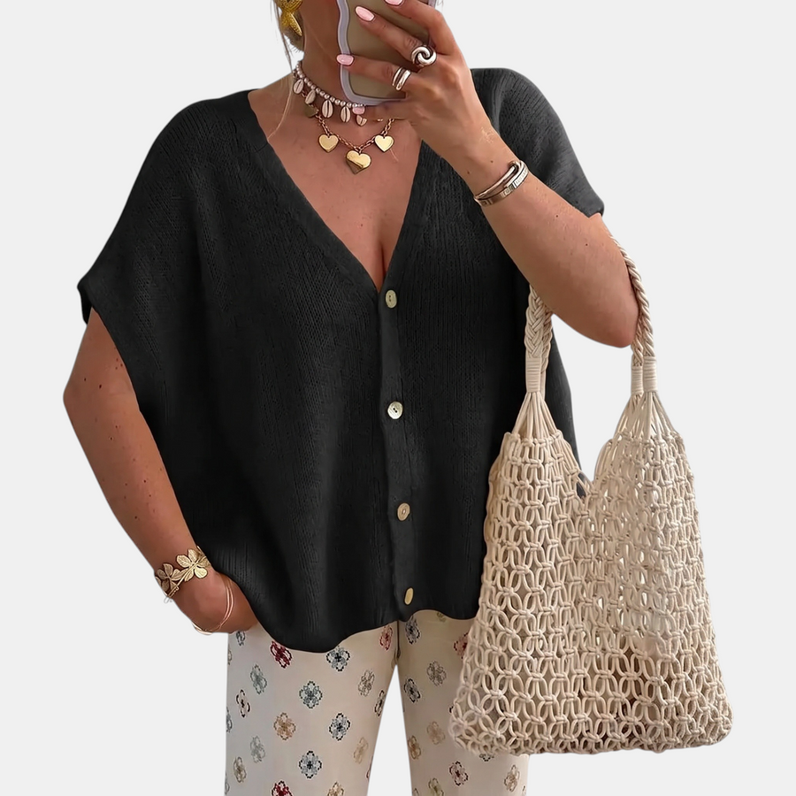 Women's Short Sleeve Button Front Oversized Knit Cardigan