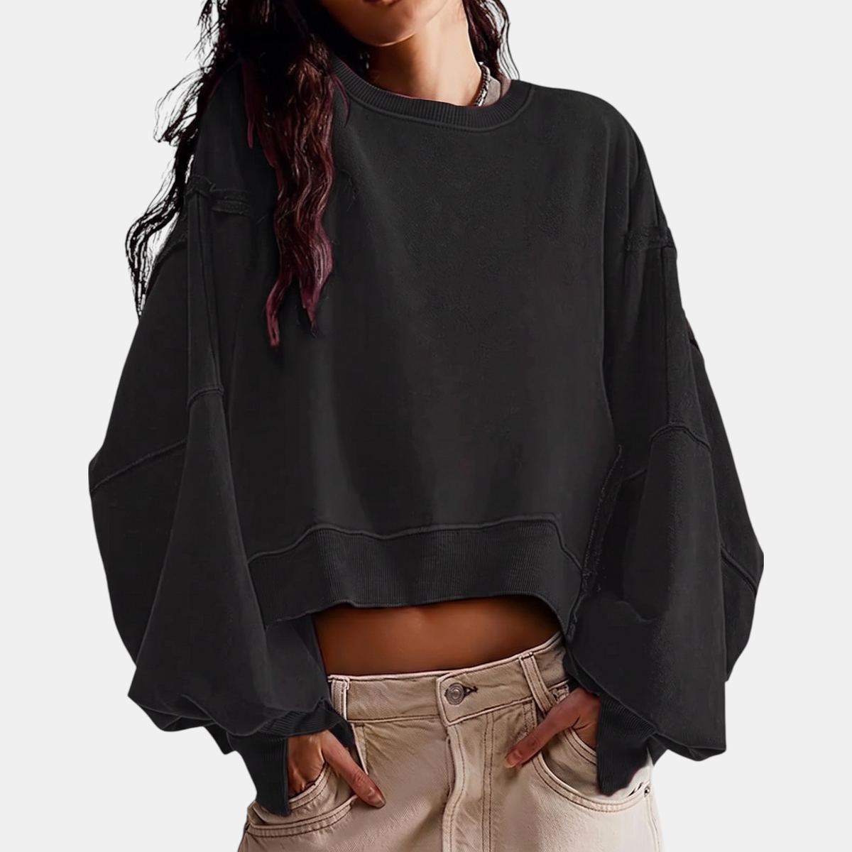 Women's Raw Hem Crewneck Oversized Crop Sweatshirt