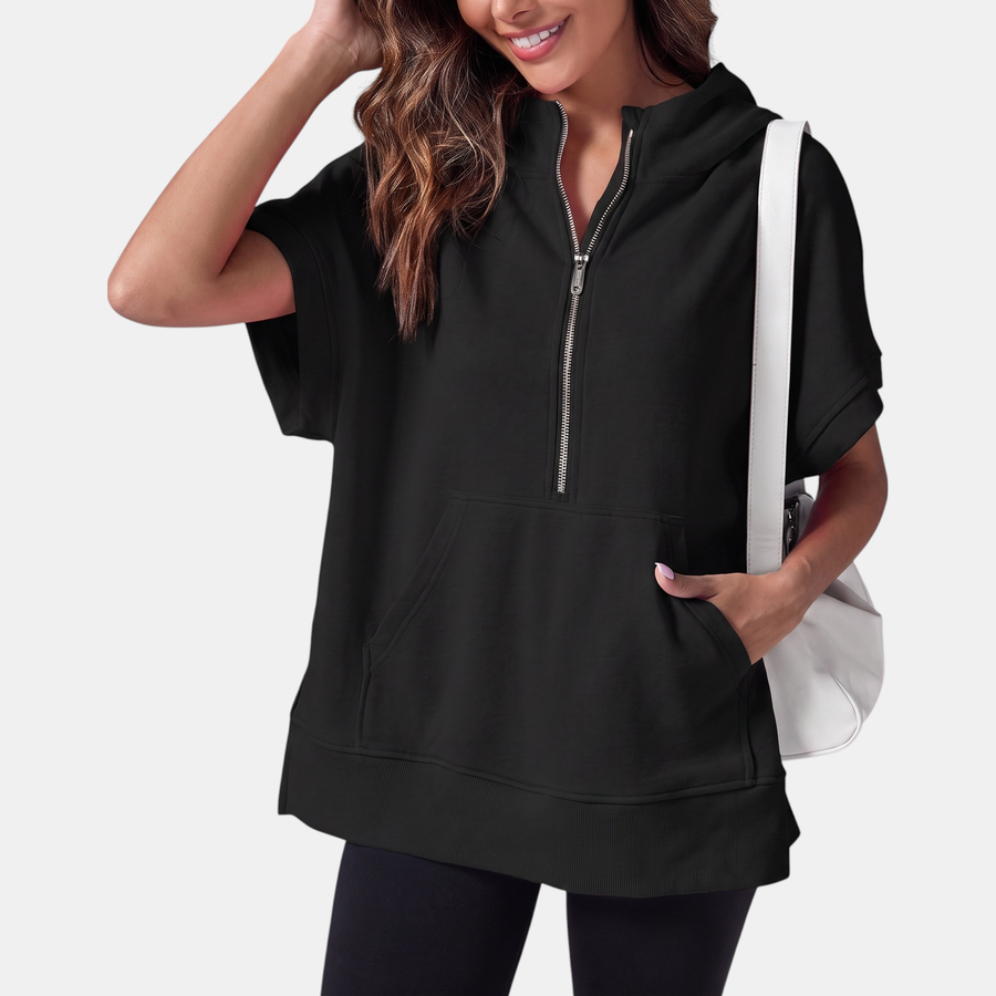 Women's Oversized Half Zip Short Sleeve Hoodie Sweatshirt with Pockets