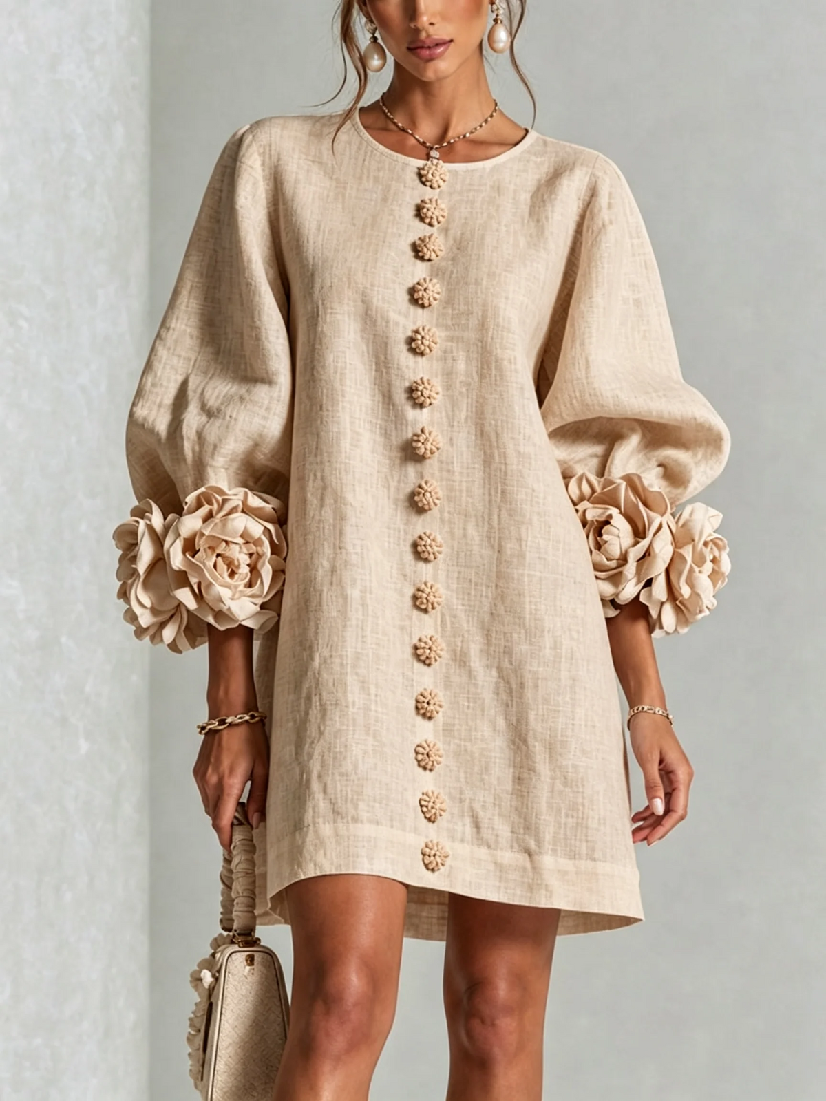 Brune | Short Linen-Blend Dress with Puff Sleeves
