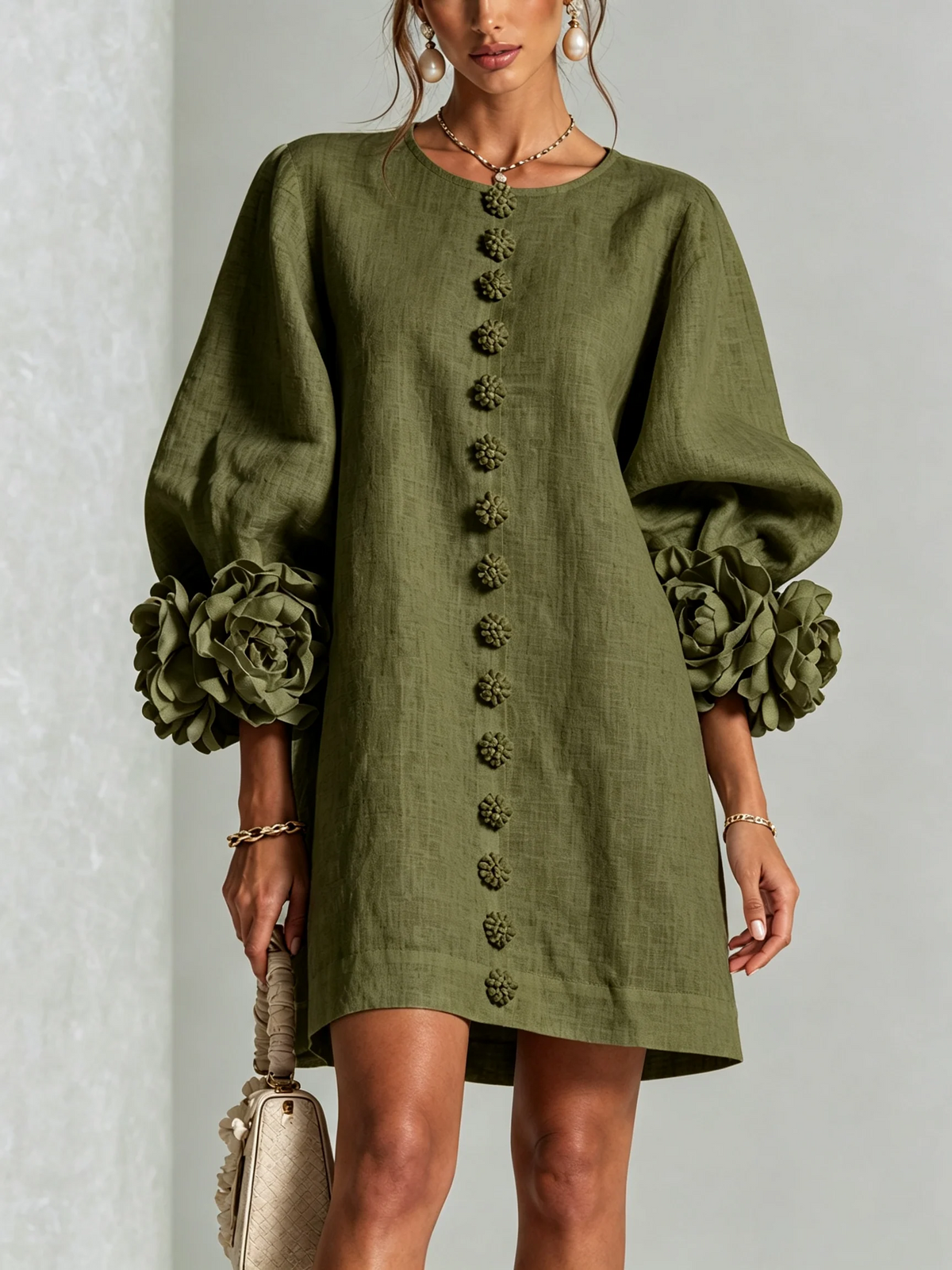 Brune | Short Linen-Blend Dress with Puff Sleeves